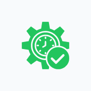 Green gear icon with clock and checkmark.