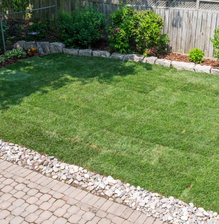Green backyard lawn with stone border.