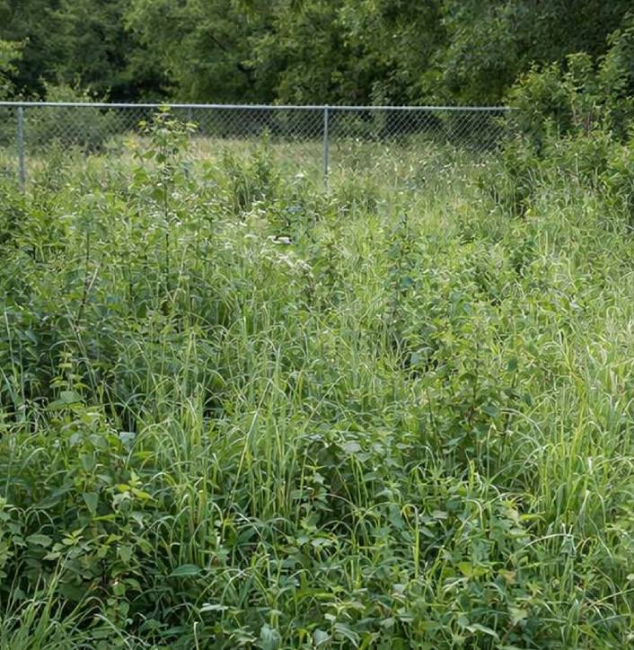 Overgrown grass and foliage near chain-link fence.