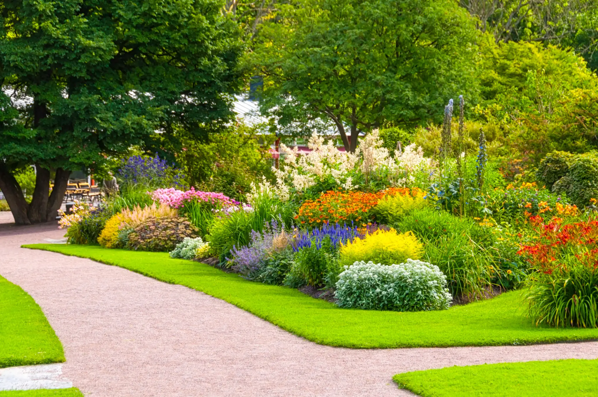 Colorful garden with lush greenery and flowers.